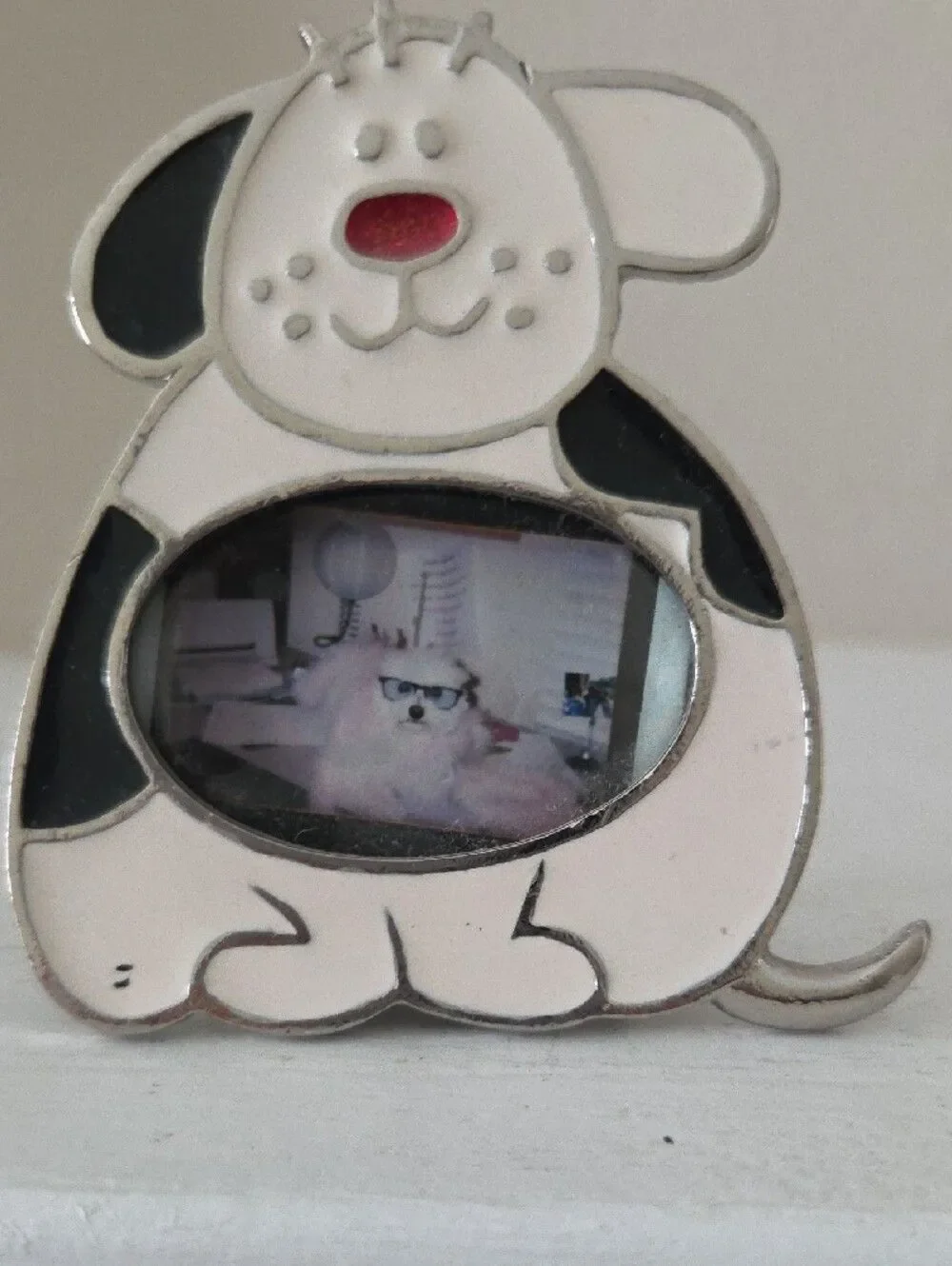 Cute Dog-Shaped Picture Frame — White & Black with Pink Nose
